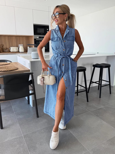 SLEEVELESS DENIM DRESS / WD-0287 - Color : Dark Blue Size : XL