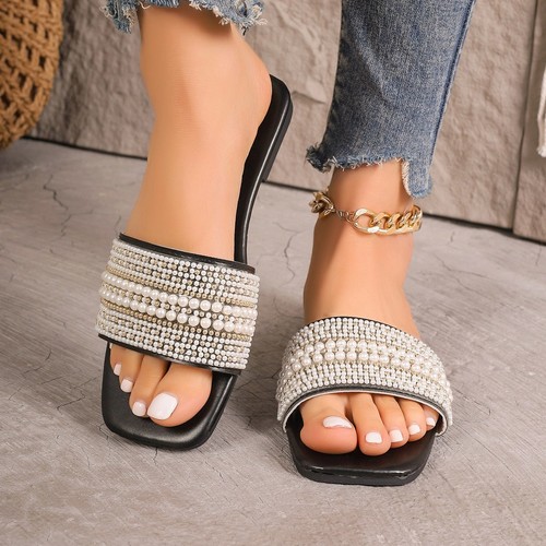 PEARL DESIGN FLAT SANDALS / WS-0115 - COLOR BLACK