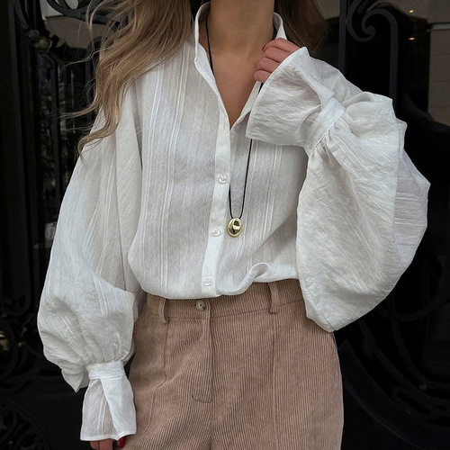 LAPEL LOOSE LONGSLEEVED TOP / WD-0296 - Color : White Size : M, L, XL, 2XL