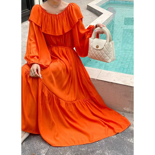 LACE-UP LONG DRESS / WD-0298 - Color : Orange Size : One Size