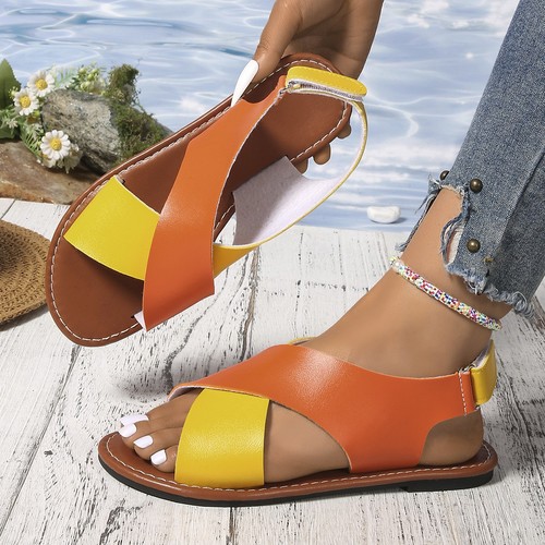 CROSS STRAP FLAT SANDALS / WS-0142 - COLOR YELLOW AND BROWN