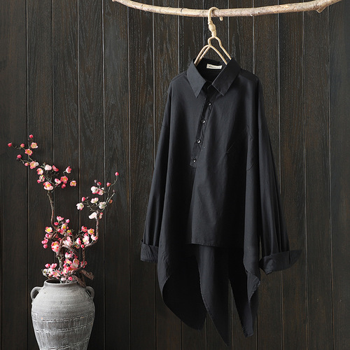 V-NECK LOOSE SHIRT / WD-0310 - Color : Black Size : One Size