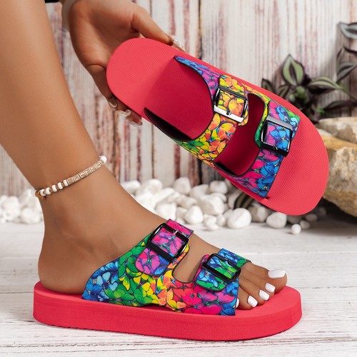 BELT BUCKLE SOFT BOTTOM COLORFUL SLIPPERS / WS-0154 - COLOR RED