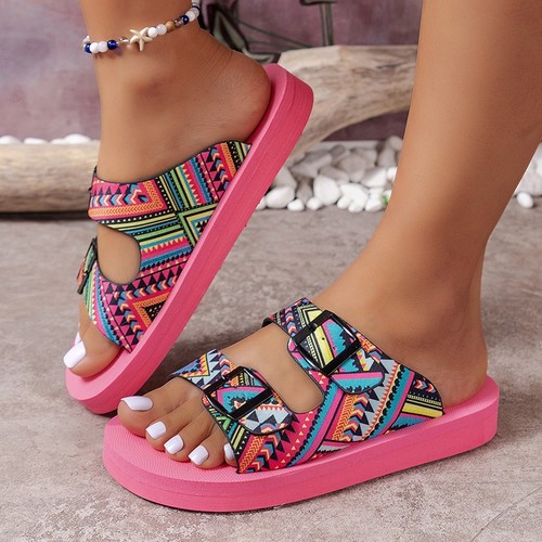 BELT BUCKLE SOFT BOTTOM COLORFUL SLIPPERS / WS-0155 - COLOR PINK