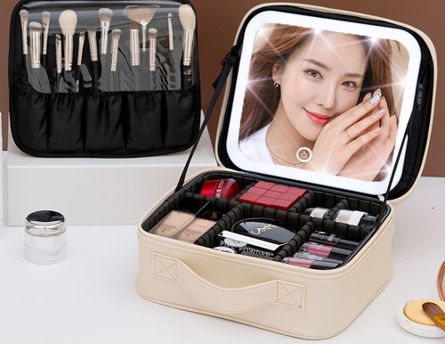 COSMETIC BAG WITH LED LIGHT / MU-0109 - Color : Off-white Specifications : rechargeable large mirror (three-color light)