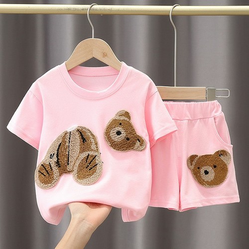 TWO PIECE CARTOON PATCH DESIGN TOP AND SHORT / BB-0124 - COLOR PINK