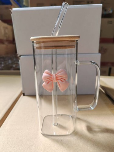 TRANSPARENT GLASS WITH COLORFUL STRAW AND COVER / KN-0149 - COLOR PINK BOW CAPACITY 400ML
