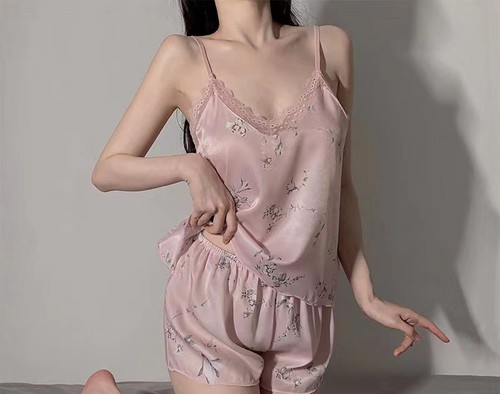 SILK PAJAMAS 2-PIECE SET / WD-0339 - Color : Pink Size : One Size