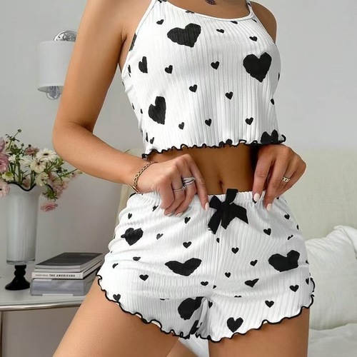 CAMISOLE AND PAJAMA 2-PIECE SET / WD-0346 - Color : White with black heart- Shorts set Size : S, M, L, XL
