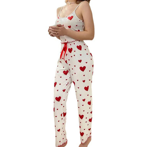CAMISOLE AND PAJAMA 2-PIECE SET / WD-0347 - Color : White with red heart- Pants suit Size : M, XL