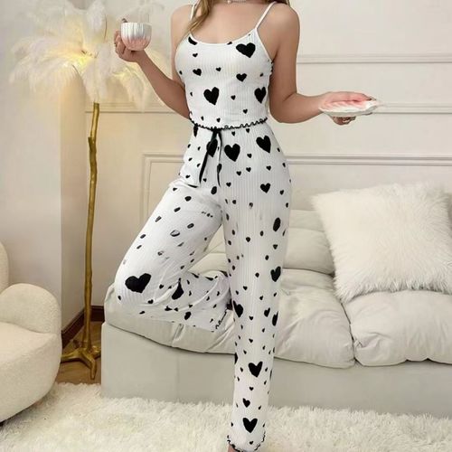 CAMISOLE AND PAJAMA 2-PIECE SET / WD-0348 - Color : White with black heart pants suit Size : M, L, XL