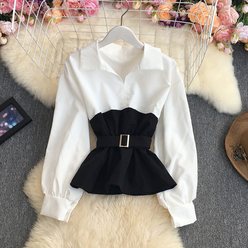 WAIST-SLIMMING LAPEL TOP / WD-0054 - Color : Black Size : One Size