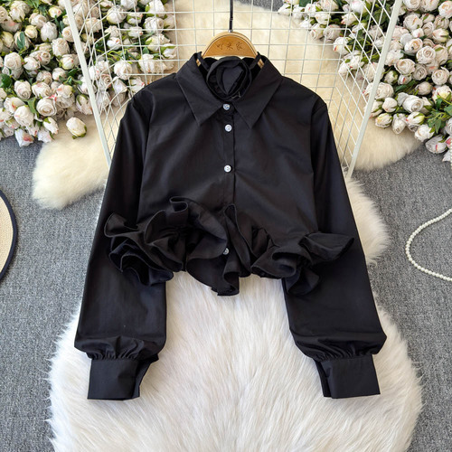 THREE-DIMENTIONAL RUFFLE TOP / WD-0068 - Color : Black Size : One Size