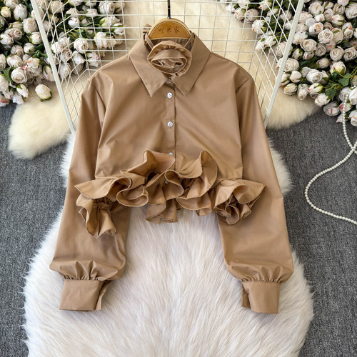 THREE-DIMENTIONAL RUFFLE TOP / WD-0067 - Color : Khaki Size : One Size