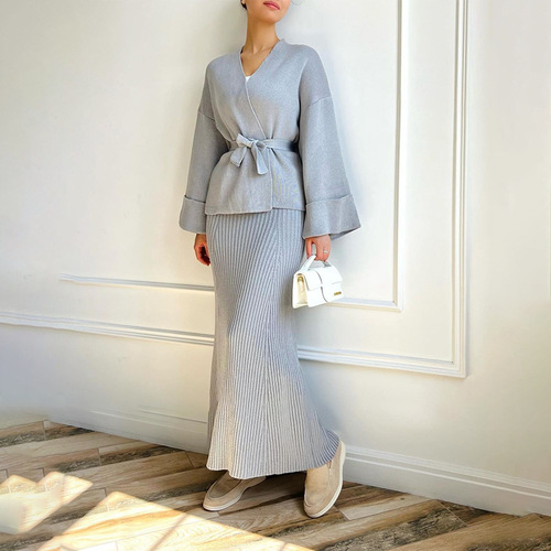 V-NECK WIDE SLEEVES AND HIGH WAIST SKIRT- SET / WD-0365 - Color : Light Blue Size : L, XXL