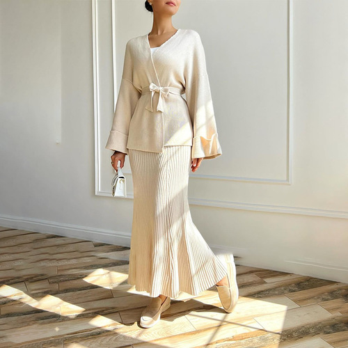 V-NECK WIDE SLEEVES AND HIGH WAIST SKIRT-SET / WD-0367 - Color : Apricot Size : M, L