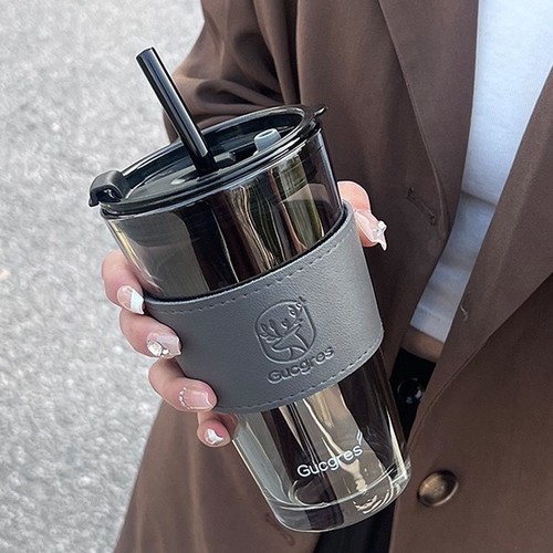 GLASS CUP WITH STRAW AND LEATHER CASE / KN-0164 - COLOR BLACK CAPACITY 450ML