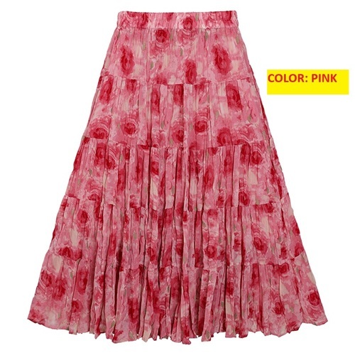 PLEATED FLORAL SKIRT / WD-0170 - Pleated Floral Skirt for Women Color: Pink Size: Large