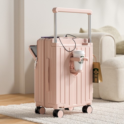 TROLLEY LUGGAGE TRAVEL SUITCASE / BG-0075 - COLOR PINKWITH USB TYPE-C CHARGING PORT AND FOLDING CUP HOLDER