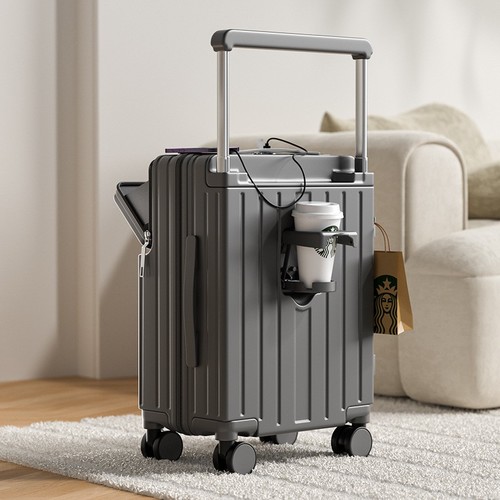 TROLLEY LUGGAGE TRAVEL SUITCASE / BG-0076 - COLOR BLACKWITH USB TYPE-C CHARGING PORT AND FOLDING CUP HOLDER