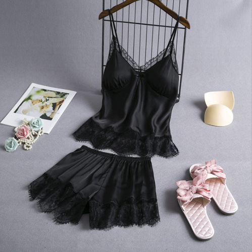 SATIN LACE SUIT NIGHTDRESS / WD-0069 - Color : Black Size : L, XL, XXL, XXXL