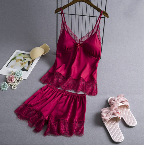 SATIN LACE SUIT NIGHTDRESS / WD-0070 - Color : Wine Red Size : M, XL, XXXL
