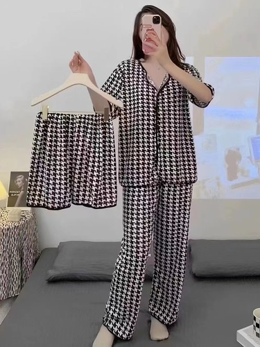 WOMEN'S PAJAMA THREE-PIECE SUIT / WD-0380 - Color : Houndstooth Size : XL, XXL