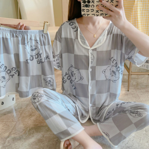 WOMEN'S PAJAMA THREE-PIECE SUIT / WD-0381 - Color : Black plaid bear Size : M, L