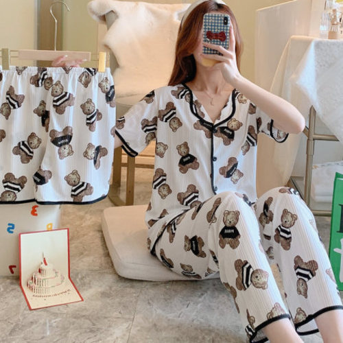 WOMEN'S PAJAMA THREE-PIECE SET / WD-0382 - Color : Teddy Bear Size : M, XL, XXL