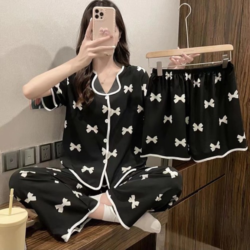 WOMEN'S PAJAMA THREE-PIECE SUIT / WD-0383 - Color : Black bow Size : M, L, XL, XXL