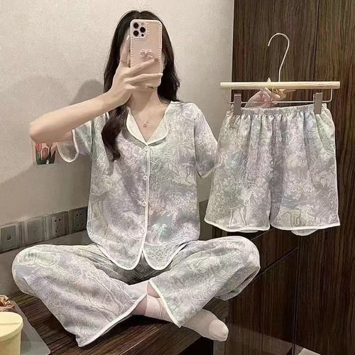 WOMEN'S PAJAMA THREE-PIECE SUIT / WD-0384 - Color : Gray Ink Painting Size : XL, XXL