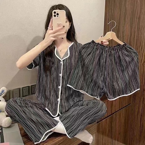WOMEN'S PAJAMA THREE-PIECE SUIT / WD-0386 - Color : Black Stripe Size : L, XXL