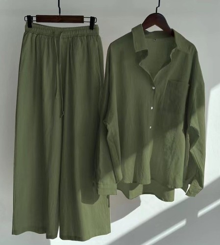 TWO PIECE SET LONG-SLEEVE SHIRT AND LOOSE PANTS / WD-0441 - COLOR ARMY GREEN