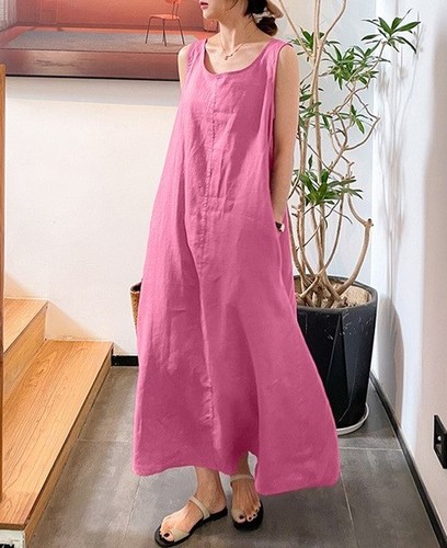LONG LOOSE SHORT SLEEVE DRESS FOR WOMEN / WD-0443 - COLOR PINK