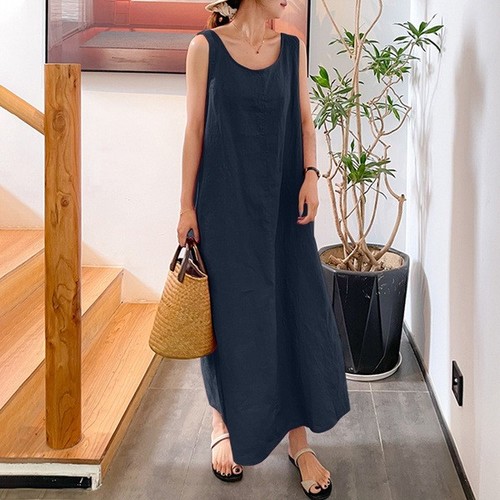 LONG LOOSE SHORT SLEEVE DRESS FOR WOMEN / WD-0444 - COLOR NAVY BLUE