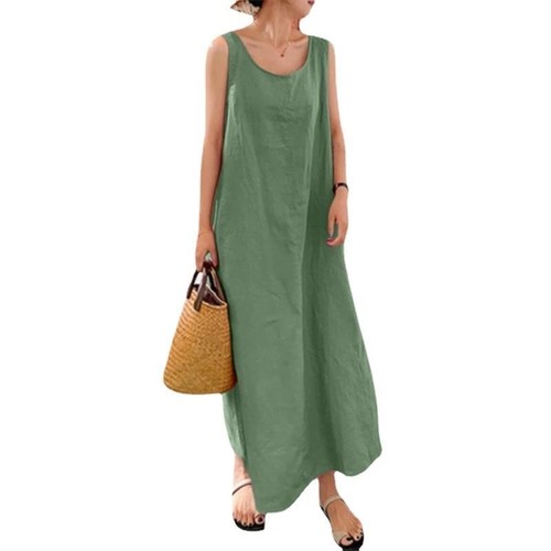 LONG LOOSE SHORT SLEEVE DRESS FOR WOMEN / WD-0445 - COLOR ARMY GREEN