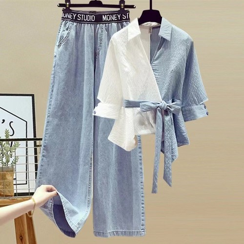 TWO PIECE SET WIDE LEG JEANS AND SHIRT / WD-0446 - COLOR WHITE AND BLUE