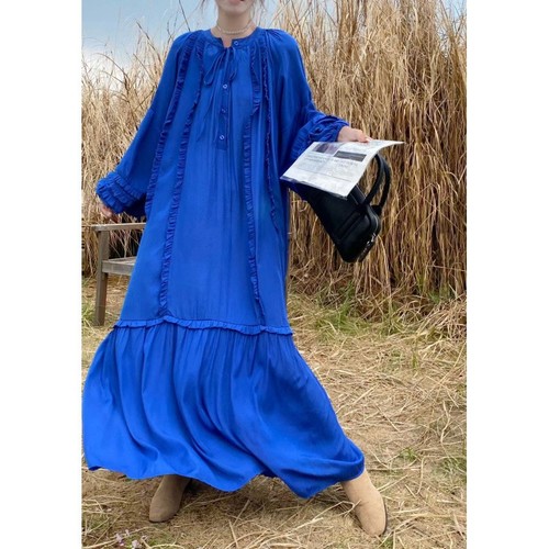 LOOSE LONG DRESS / WD-0449 - COLOR: BLUE SIZE: ONE-SIZE