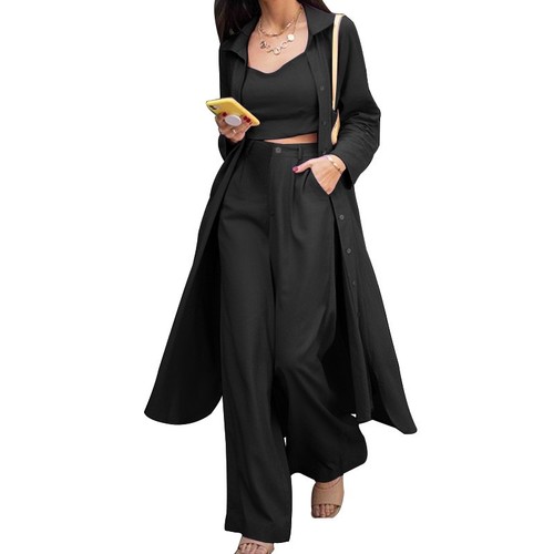 THREE PIECE SET MID-LENGTH VEST LONG CARDIGANS AND WIDE LEG PANTS / WD-0456 - COLOR BLACK