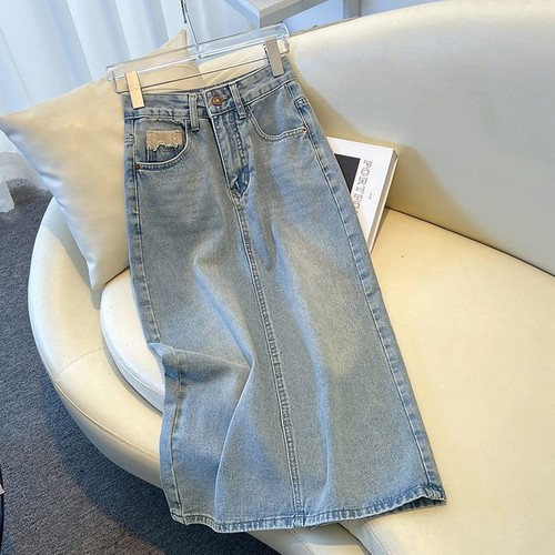 MID LENGTH HIGH WAIST SPLIT HIP SKIRT / WD-0460 - COLOR BLUE