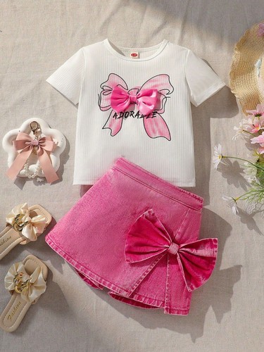 TWO PIECE SET SHIRT AND SKIRT FOR GIRLS / GL-0157 - COLOR WHITE SHIRT AND PINK SKIRT