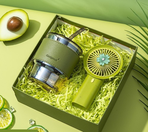 TWO PIECE SET MINI FAN AND STRAW GLASS / HM-0284 - COLOR GREEN
