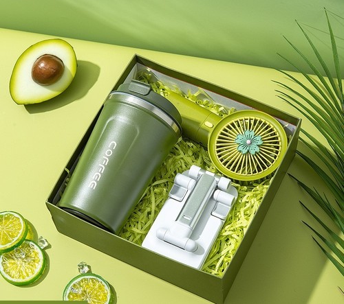 3 PIECE SET MINI FAN, STAINLESS STEEL COFFEE CUP AND CELLPHONE HOLDER / HM-0285 - COLOR GREEN