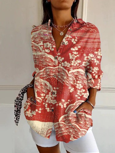 WOMEN'S PRINTED LONG SLEEVED SHIRT / WD-0490 - COLOR ORANGE