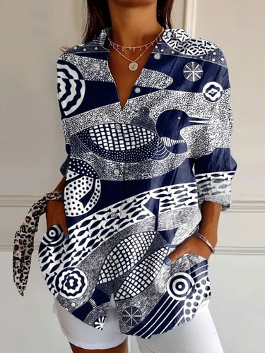 WOMEN'S PRINTED LONG SLEEVED SHIRT / WD-0492 - COLOR BLUE