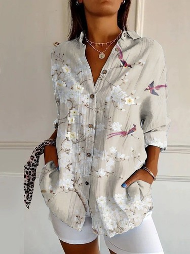 WOMEN'S PRINTED LONG SLEEVED SHIRT / WD-0495 - COLOR OFF-WHITE