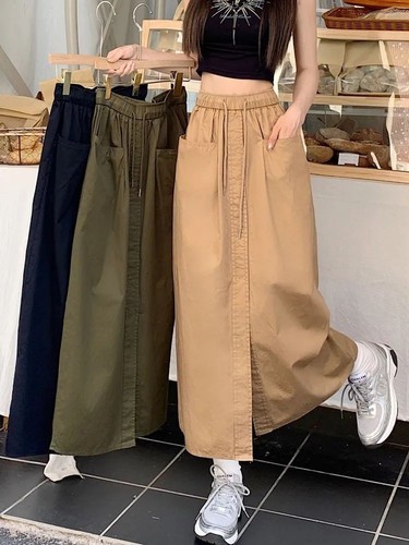 DOUBLE POCKET LONG SKIRT / WD-0518 - COLOR KHAKI ONE SIZE