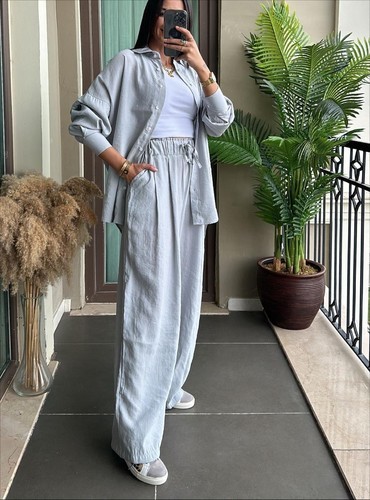 TWO PIECE LONG SLEEVED SHIRT AND LOOSE PANTS / WD-0529 - COLOR GRAY