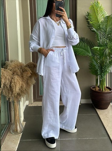TWO PIECE LONG SLEEVED SHIRT AND LOOSE PANTS / WD-0530 - COLOR WHITE