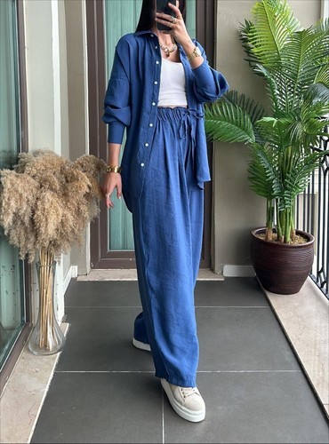 TWO PIECE LONG SLEEVED SHIRT AND LOOSE PANTS / WD-0531 - COLOR BLUE